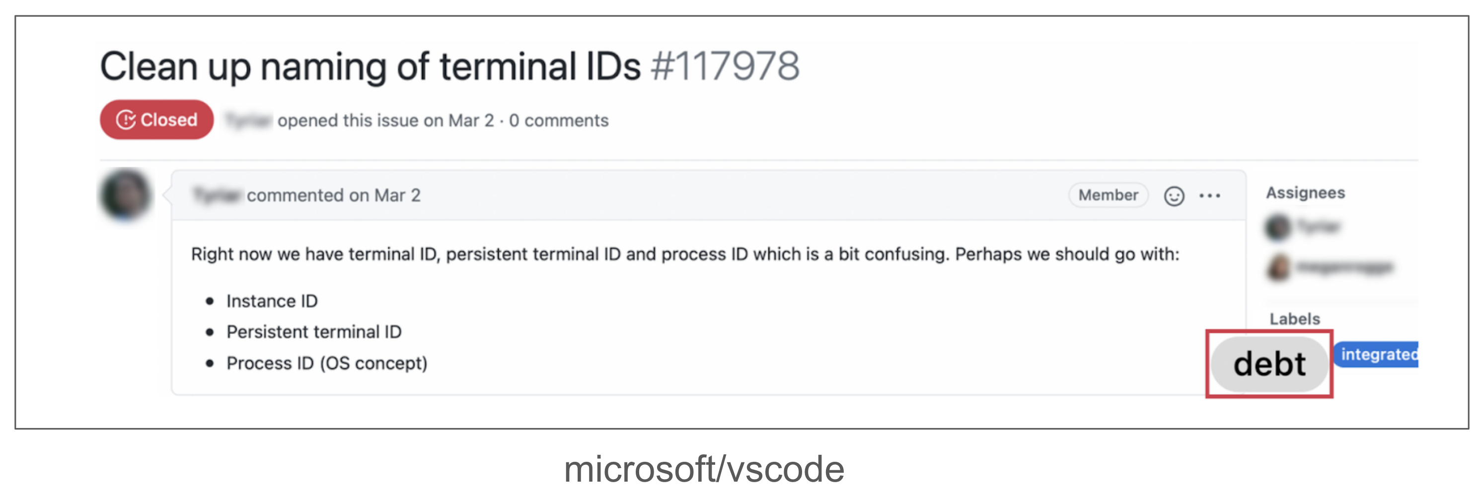Exemplo de issue usada para documentar dívida técnica